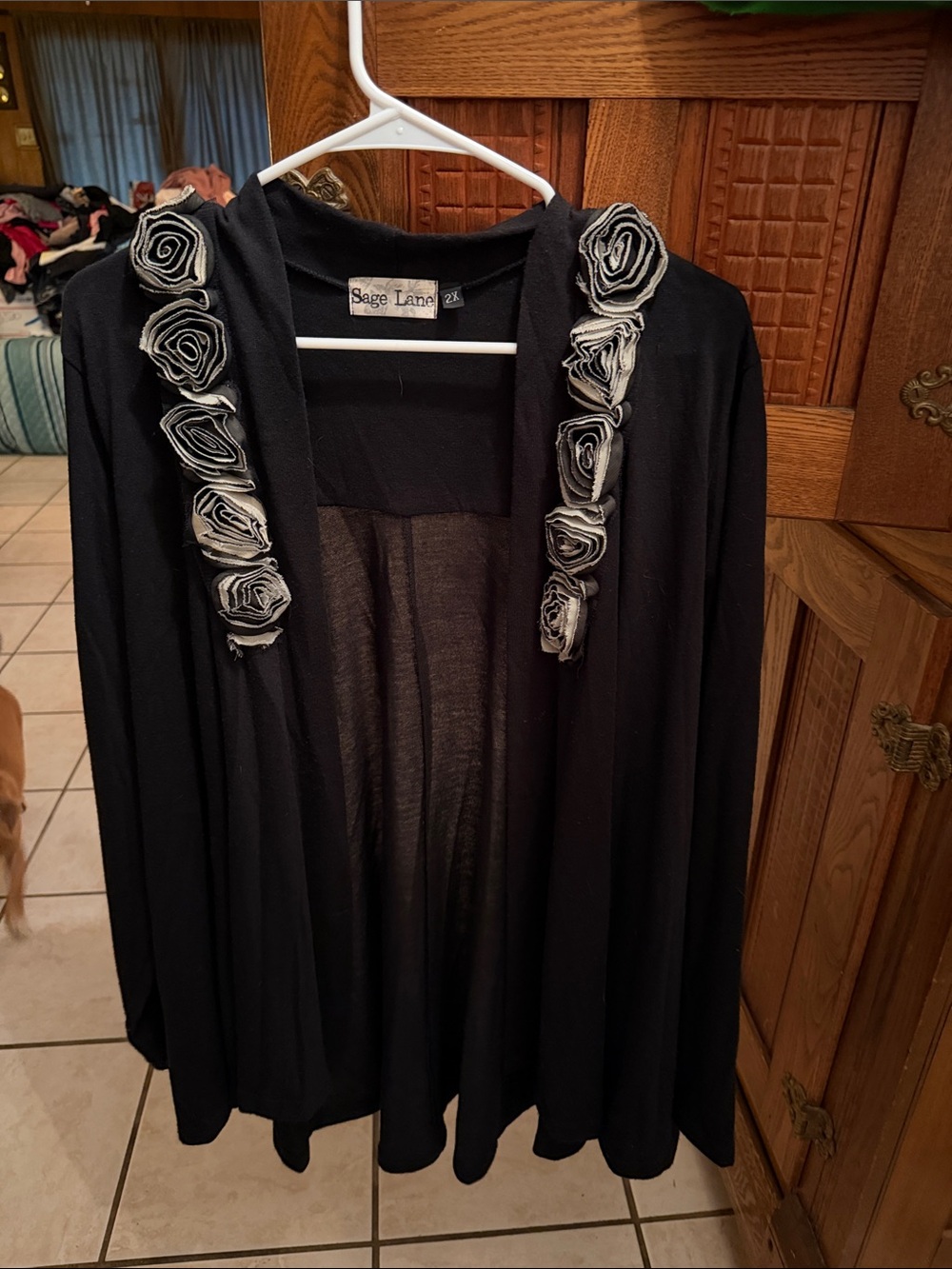 Black Open-Front Cardigan with Floral Trim